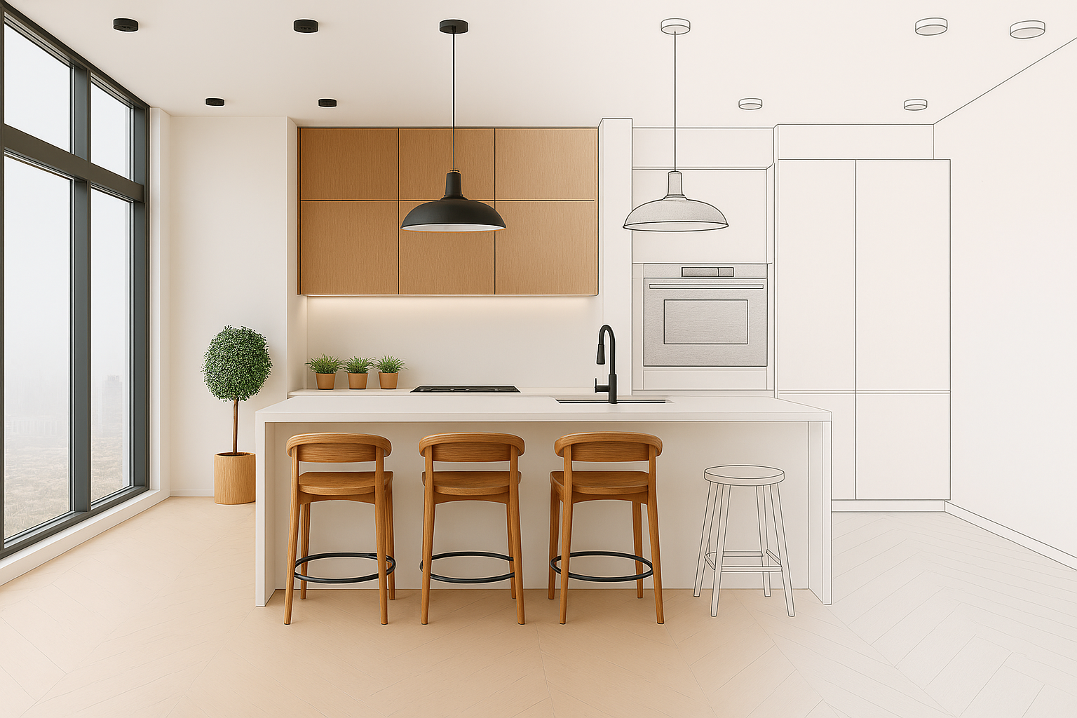 Render 3D projektu nowoczesnej kuchni